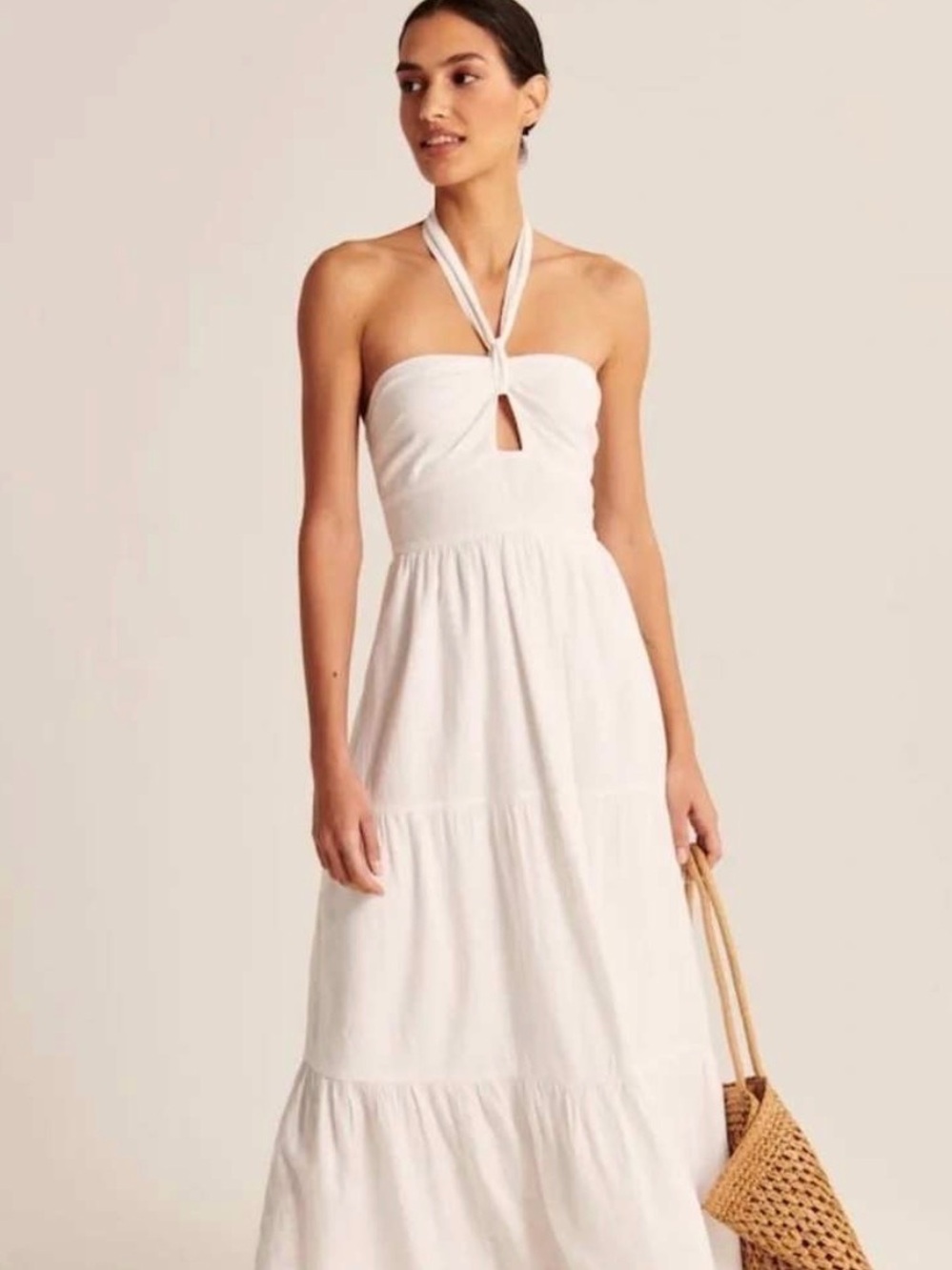 Abercrombie & Fitch White Halter-Tie Tiered Maxi Dress Size L